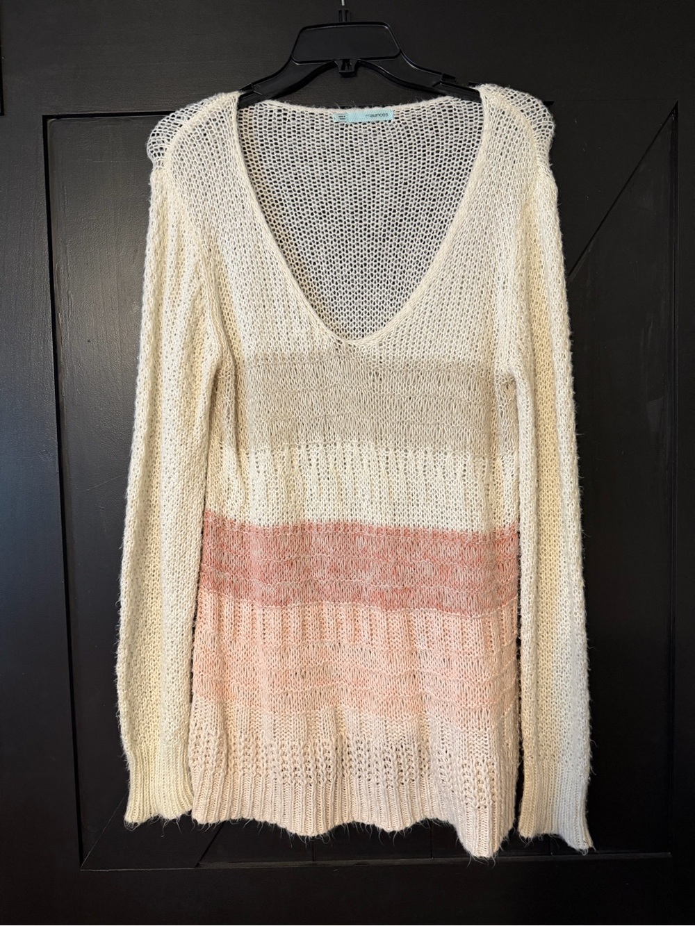 Maurices Cream Open-Knit V-Neck Sweater with Blush Stripes